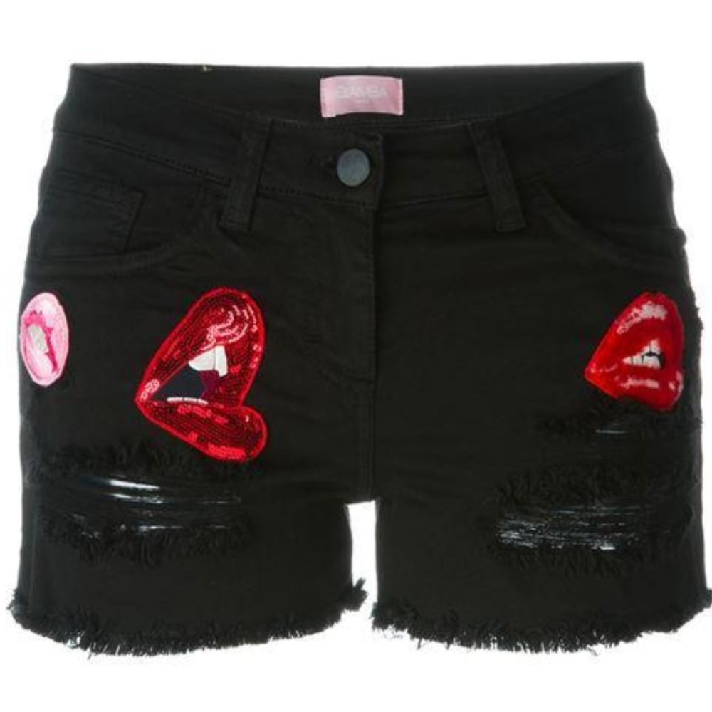 GIAMBA Distressed Appliqué Denim Shorts In Black